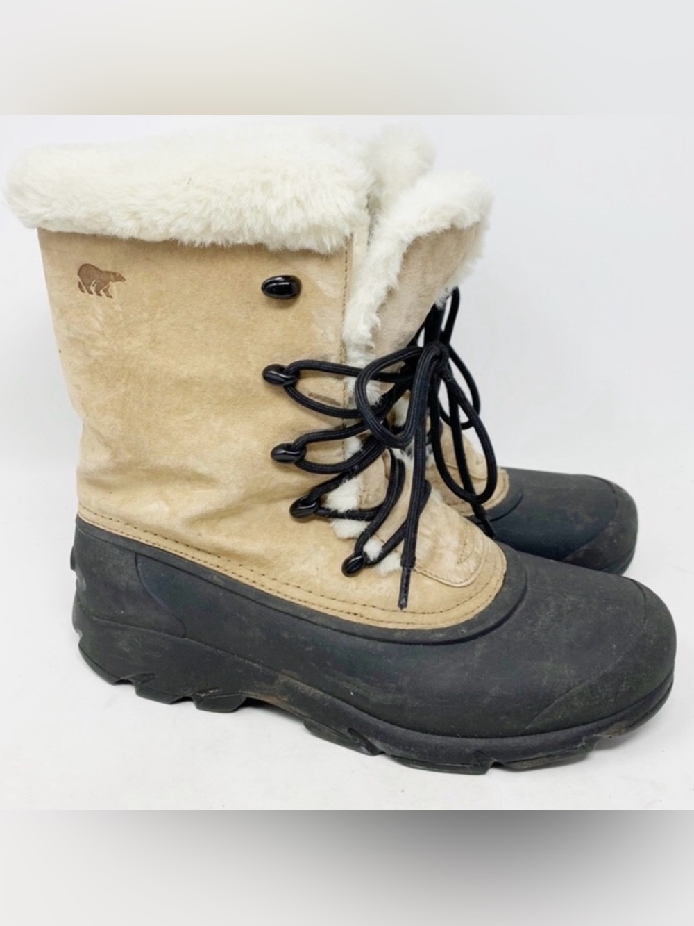 Sorel Women's Tan Suede and Black Rubber Winter Snowbird Boots water resistant
